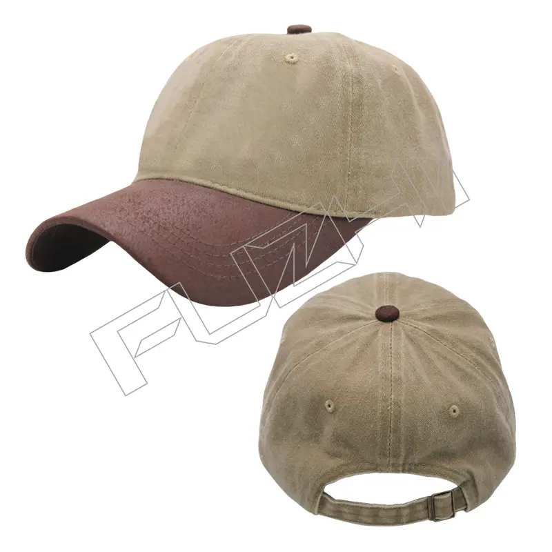FZBC-6108 Vintage street style baseball cap washed vintage to make old soft top cap two-tone splicing PU leather peak washed vintage cap Featured Image