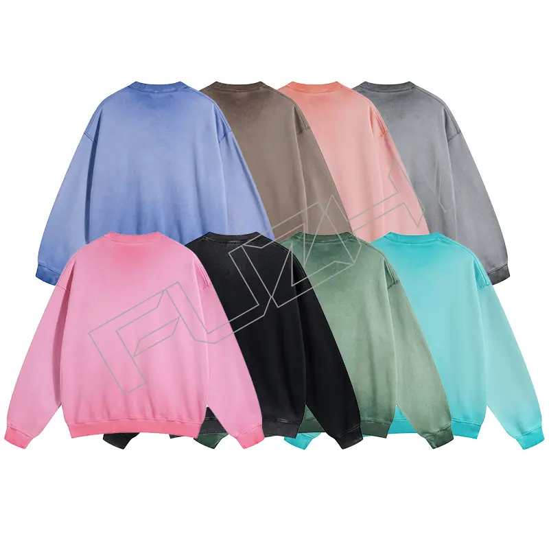 FZWT-1001  New fashion men and women color unisex distressed washed terry round neck sweatshirt(fleece)