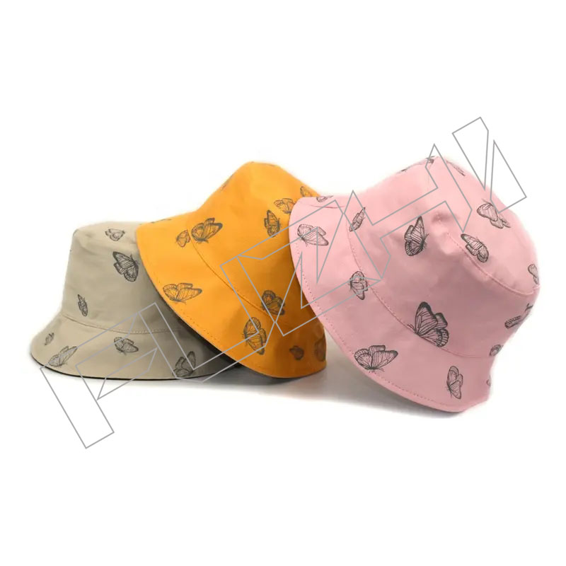 FZFH20250625-7 Printed butterfly fisherman cotton panama bucket sun dome flat top hat