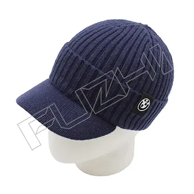 FZWH-0001 Curved Peak Knitted beanie with Customized PU Logo
