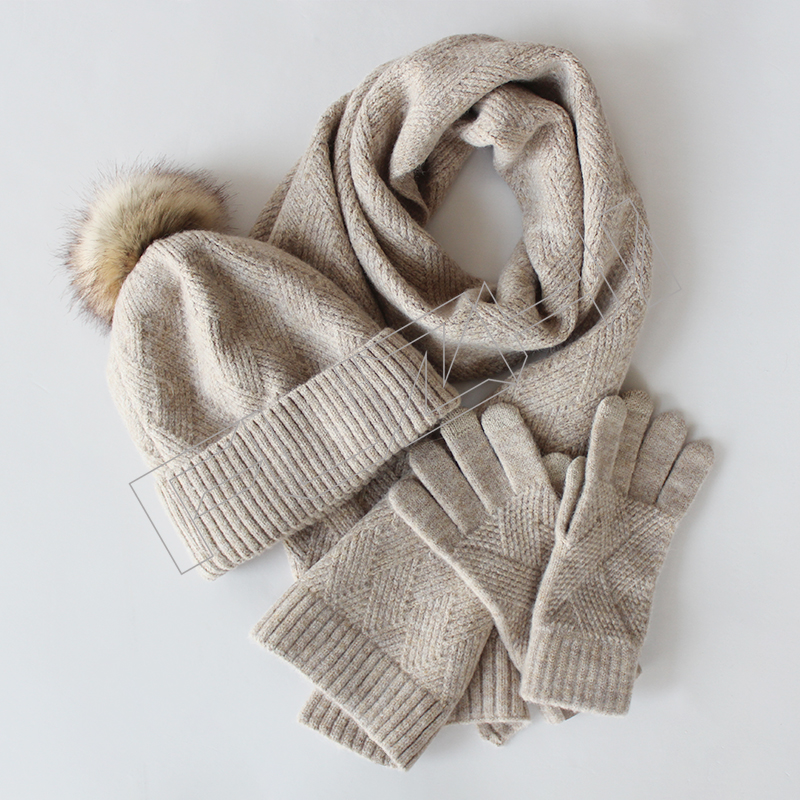 FZBH-1022 New women's winter solid color wool warm beanie, scarf and glove three-piece set anti-c...