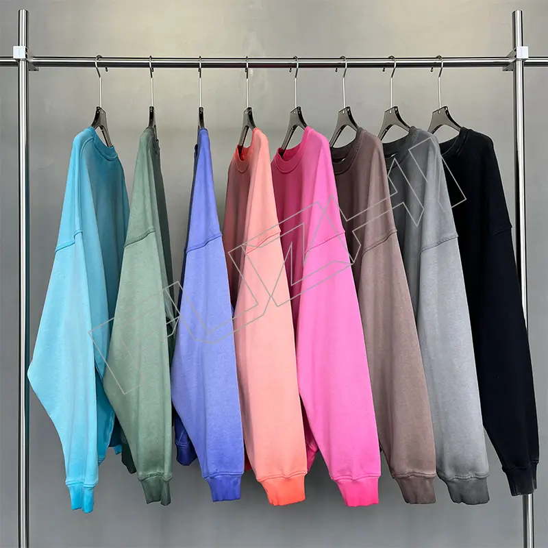 FZWT-1001  New fashion men and women color unisex distressed washed terry round neck sweatshirt(fleece)