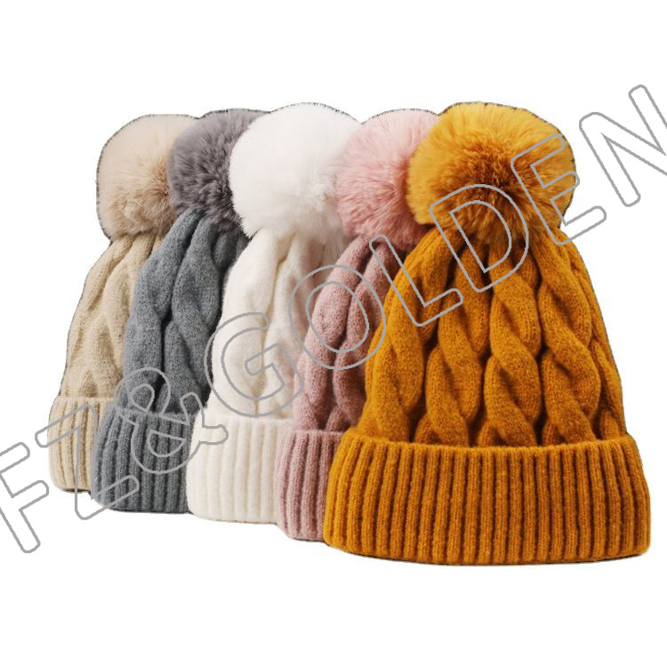 Women's Winter Soft Knit Beanie Hat Faux Fur Pom Pom Warm Skull Cap Beanies for Women