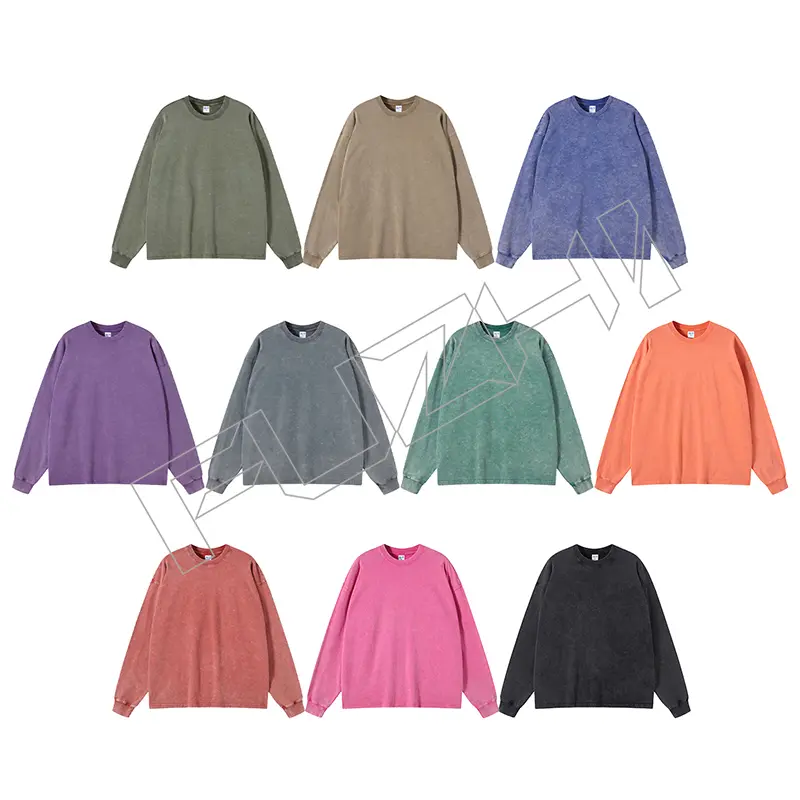 FZWT-1001 New fashion man and woman unisex color washed cotton casual loose long sleeve T-shirt