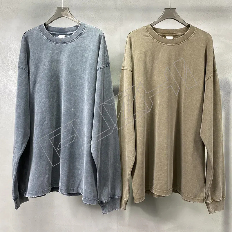 FZWT-1001 New fashion man and woman unisex color washed cotton casual loose long sleeve T-shirt