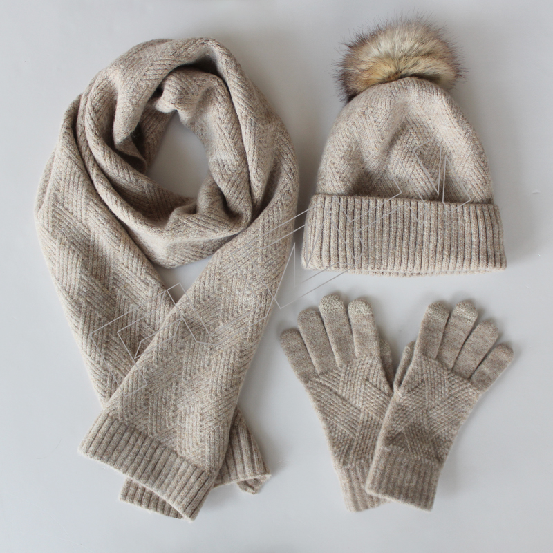 FZBH-1022 New women's winter solid color wool warm beanie, scarf and glove three-piece set anti-cold wool ball and cashmere knitted set