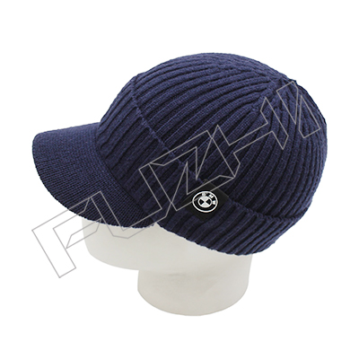 FZWH-0001 Curved Peak Knitted beanie with Customized PU Logo