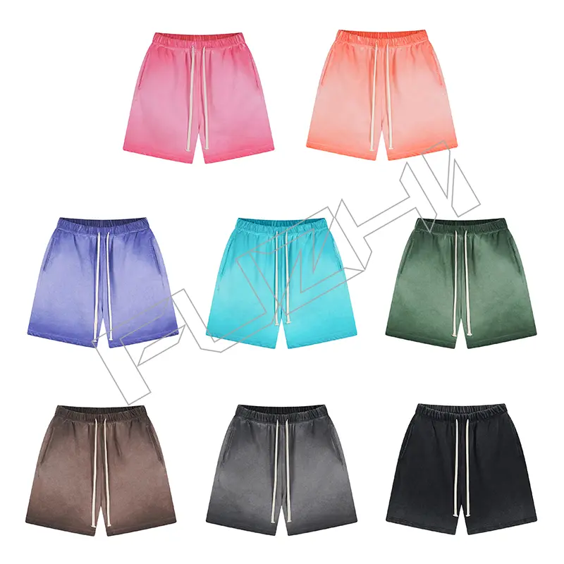 FZWT-1002 New fashion unisex dyed and worn-out water washed cotton terry short sleeved shorts set washed cotton T-shirt shorts