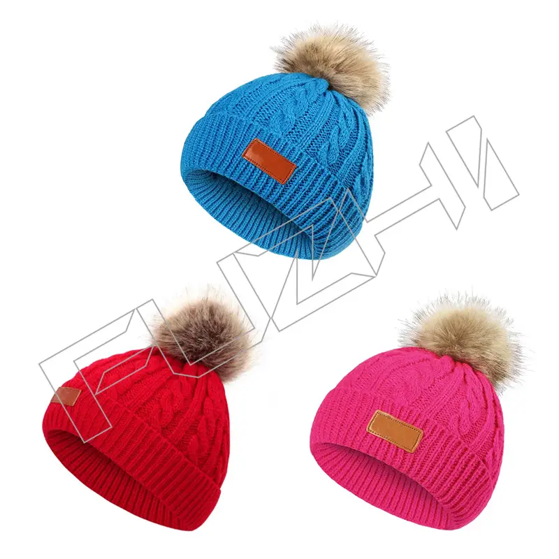 FZBH20250625 Hot Sale Custom Logo Knitted Knit Cap Beanie Hat winter hats Pom Pom for Baby and Kids