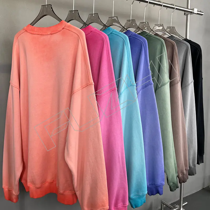 FZWT-1001  New fashion men and women color unisex distressed washed terry round neck sweatshirt(fleece)