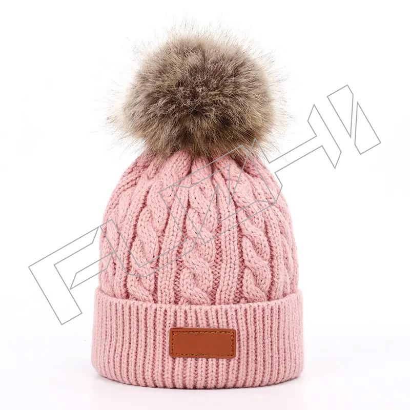 FZBH20250625 Hot Sale Custom Logo Knitted Knit Cap Beanie Hat winter hats Pom Pom for Baby and Kids
