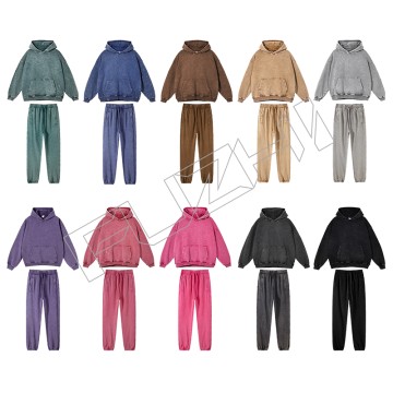 FZWH-1002 Fashion brand washed retro do old multi-color hoodie and pants washed hoodie set washed...