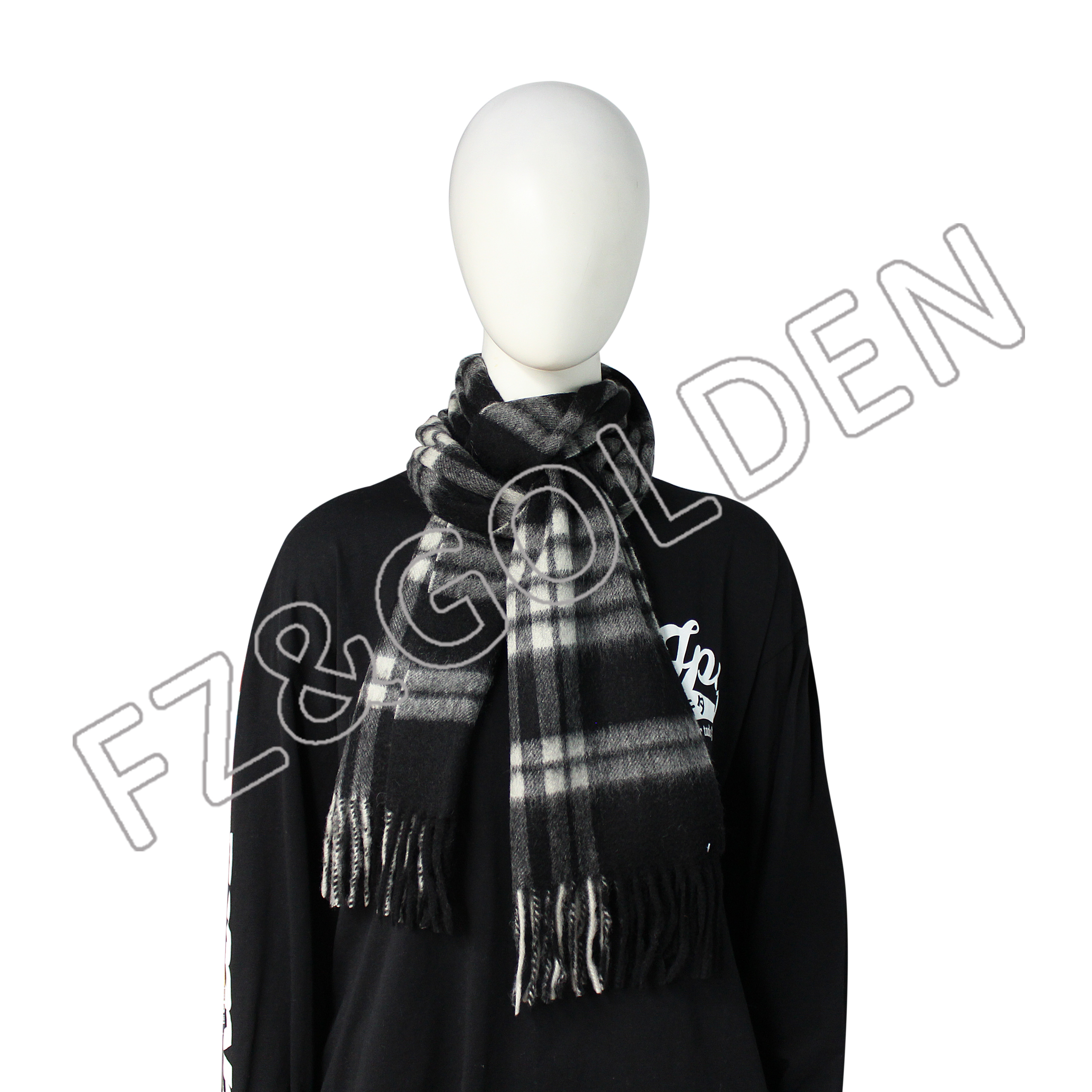 FZSC-3025  Item	Fabric	100% Wool Size	32*180cm Feature	Comfortable and Breathable Fashion Plaid Warm Pashmina Imitation Wool Neck Scarves Fringe Winter Shawl Winter Women Stylish cashmere scarf