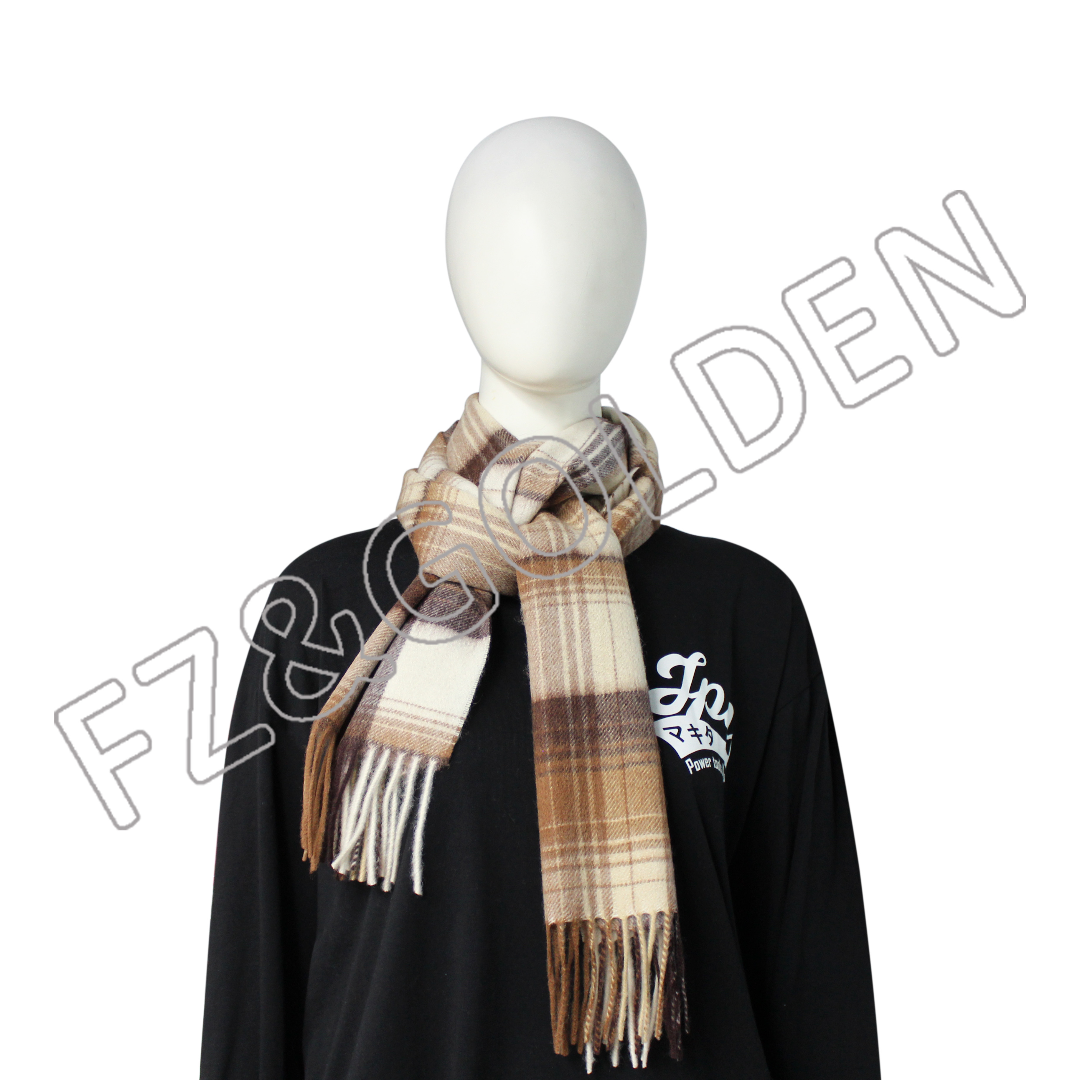 FZSC-3025  Item	Fabric	100% Wool Size	32*180cm Feature	Comfortable and Breathable Fashion Plaid W...