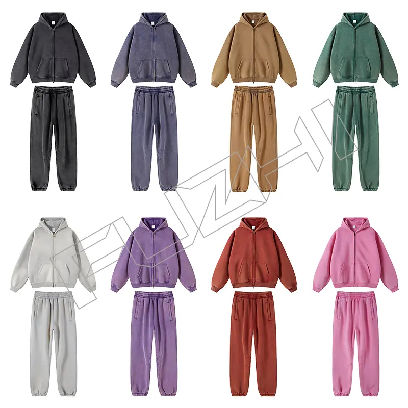 FZWH-1004 Fashion high quality unisex color washed  zip hoodie & pants washed hoodie set washed fleece or terry hoodie and pants