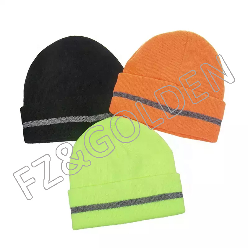 Cheapest Knitted Beanie Manufacturers -   Hi Vis Safety Beanie Hat Customize Your Logo Winter Knit Hat with Reflective Strips Unisex  - FUZHI