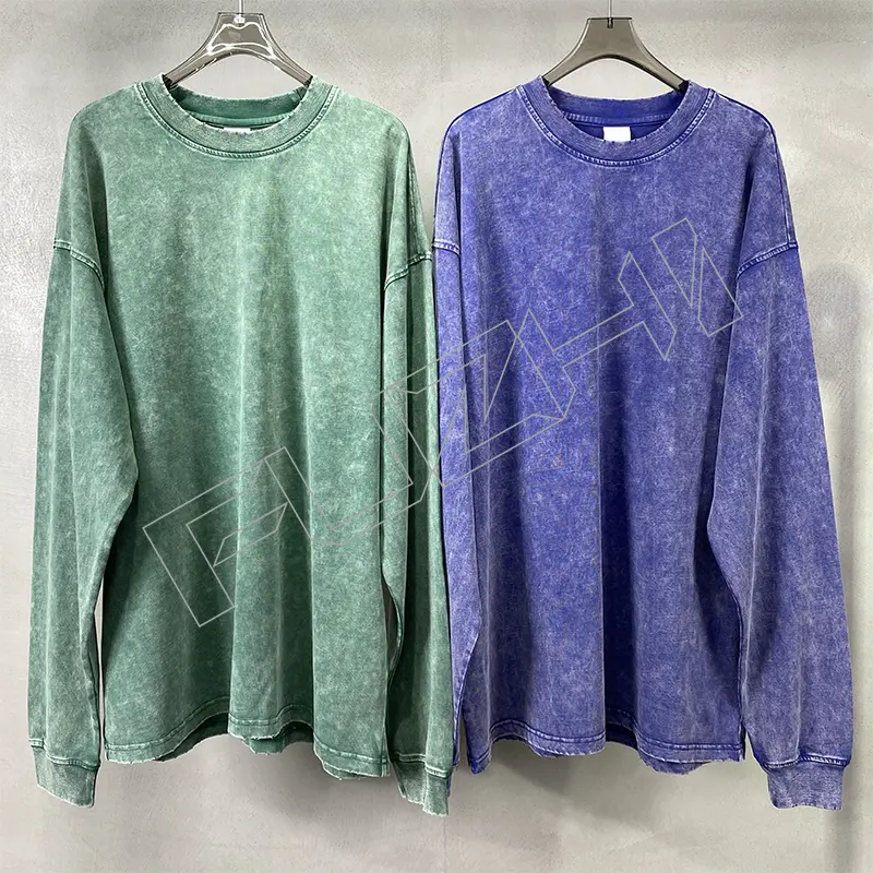 FZWT-1001 New fashion man and woman unisex color washed cotton casual loose long sleeve T-shirt