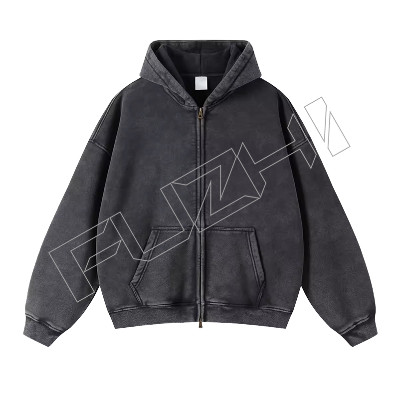 FZWH-1004 Fashion high quality unisex color washed  zip hoodie & pants washed hoodie set washed fleece or terry hoodie and pants