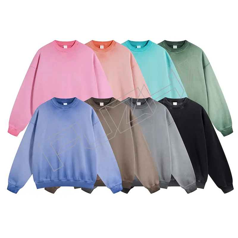 FZWT-1001  New fashion men and women color unisex distressed washed terry round neck sweatshirt(fleece)