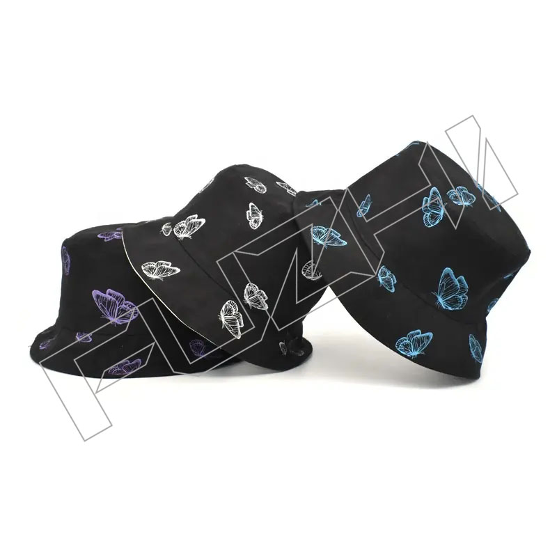 FZFH20250625-7 Printed butterfly fisherman cotton panama bucket sun dome flat top hat