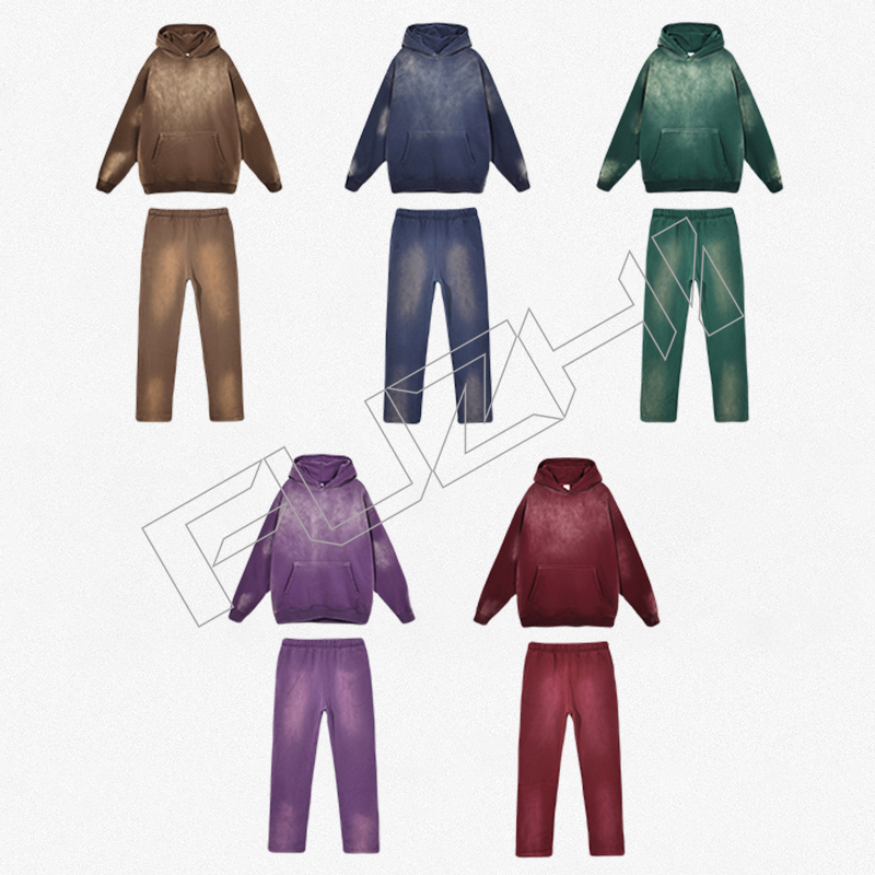 FZWH-1003 Fashion washed hole hoodie and pants hipster hoodie set washed fleece or terry hoodie and pants