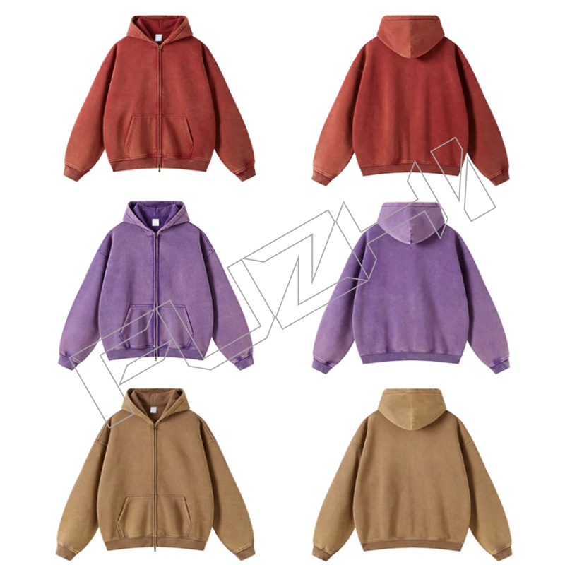 FZWH-1004 Fashion high quality unisex color washed  zip hoodie & pants washed hoodie set washed fleece or terry hoodie and pants