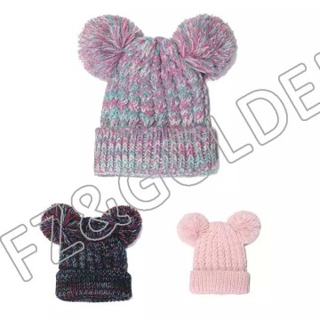 FZBH20250716-1 Manufacture Keep Warm Baby Kids Wool Bowknot Knitted Double PomPom Beanie Winter H...