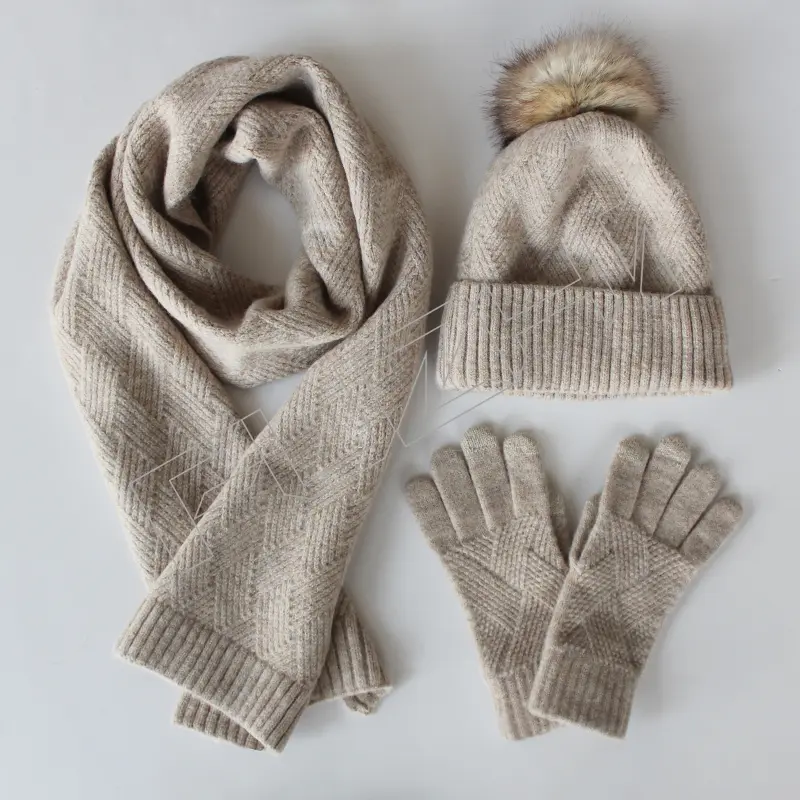 FZBH-1022 New women’s winter solid color wool warm beanie, scarf and glove three-piece set anti-cold wool ball and cashmere knitted set Featured Image