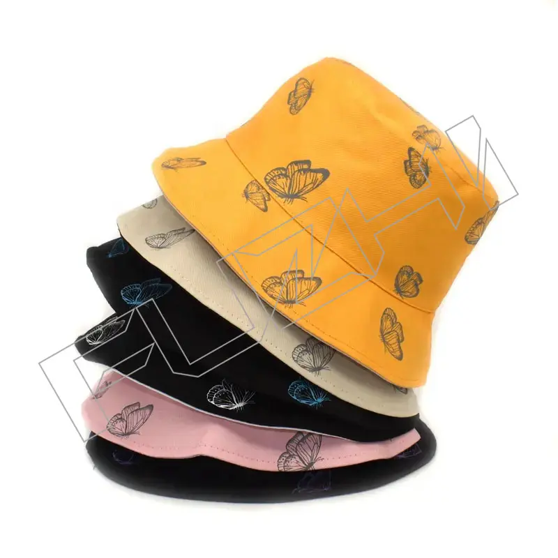 FZFH20250625-7 Printed butterfly fisherman cotton panama bucket sun dome flat top hat
