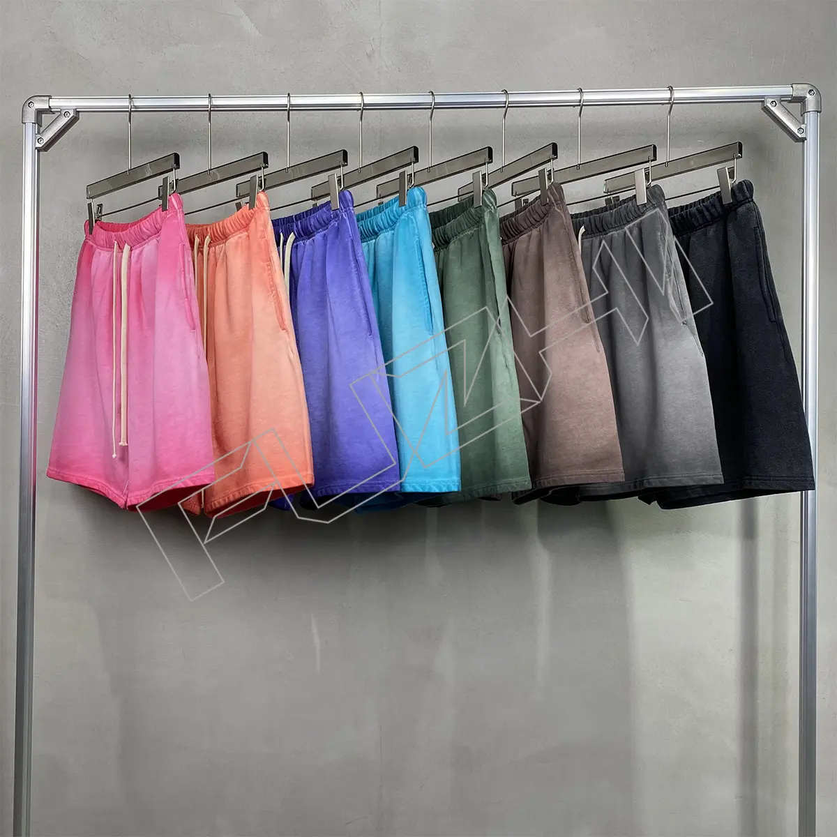 FZWT-1002 New fashion unisex dyed and worn-out water washed cotton terry short sleeved shorts set washed cotton T-shirt shorts