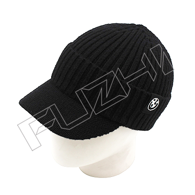 FZWH-0001 Curved Peak Knitted beanie with Customized PU Logo